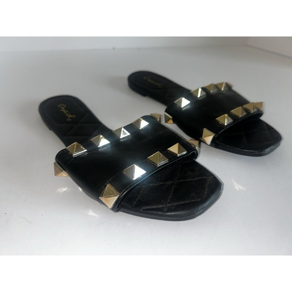 Qupid Shoes - Qupid Black Quilted Slip-On Studded Sandals With Gold  Studs  Womens Size 6.5